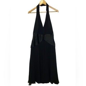 Vintage Tadashi Shoji Silk Halter Black Ruffle Pleated Chiffon Dress Size 12